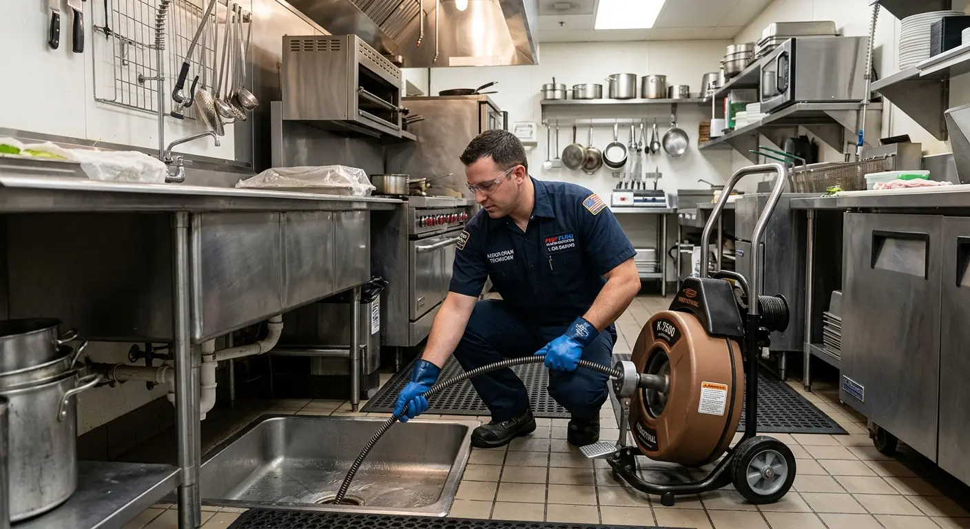 Commercial drain cleaning service in a restaurant kitchen in Tillmans Corner