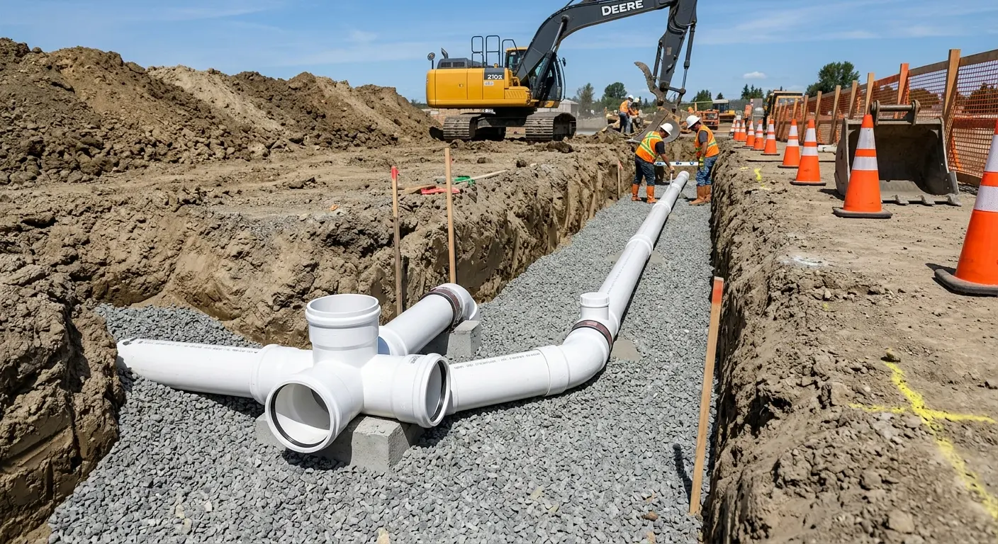 New PVC sewer pipe installation in open trench for Sewer Backup in Tillmans Corner