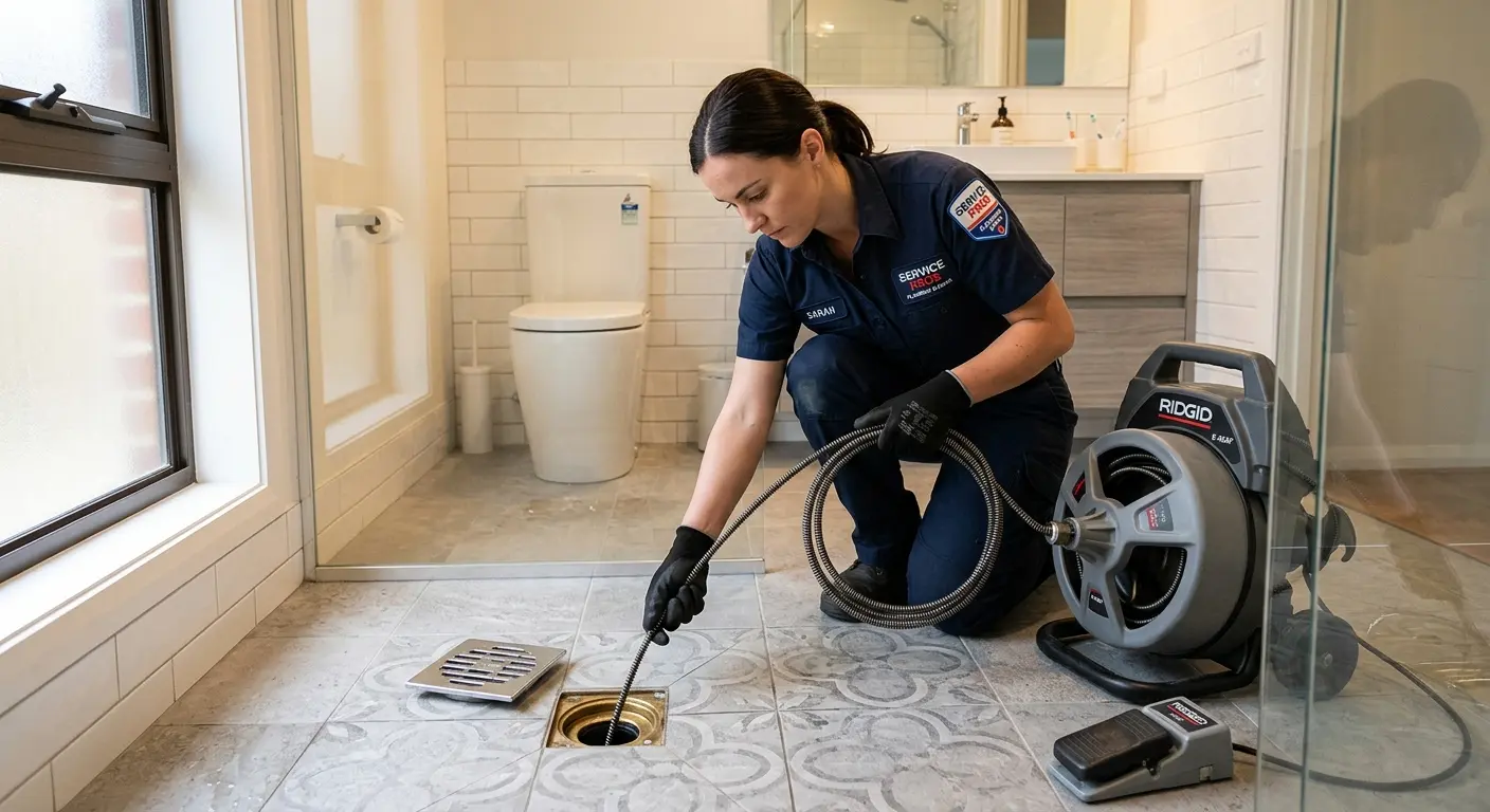 Technician clearing a bathroom floor drain for Drain Cleaning in Tillmans Corner